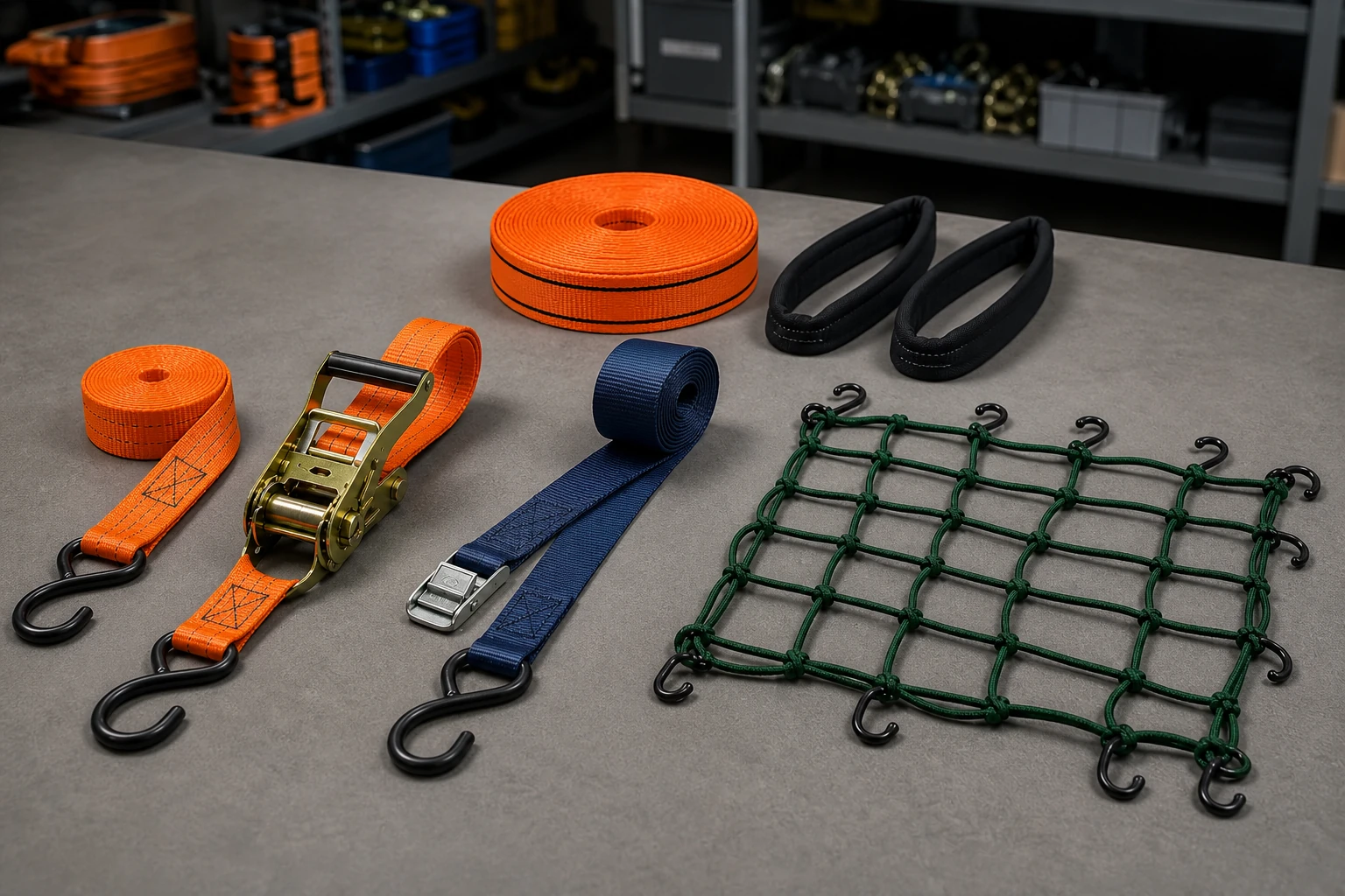 Complete ratchet strap, cam buckle strap, webbing, soft loops and cargo net on a sample review table