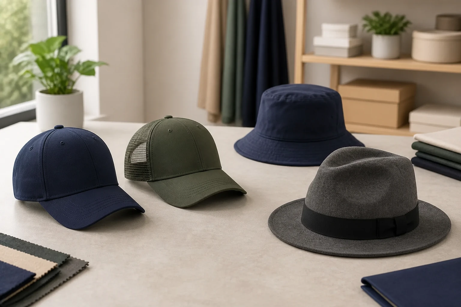 Complete baseball, trucker, bucket and felt hats arranged for a bulk headwear review