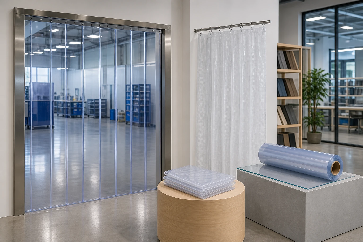 Complete industrial PVC strip curtain, clear roll, table protector and translucent shower curtain in a sourcing showroom