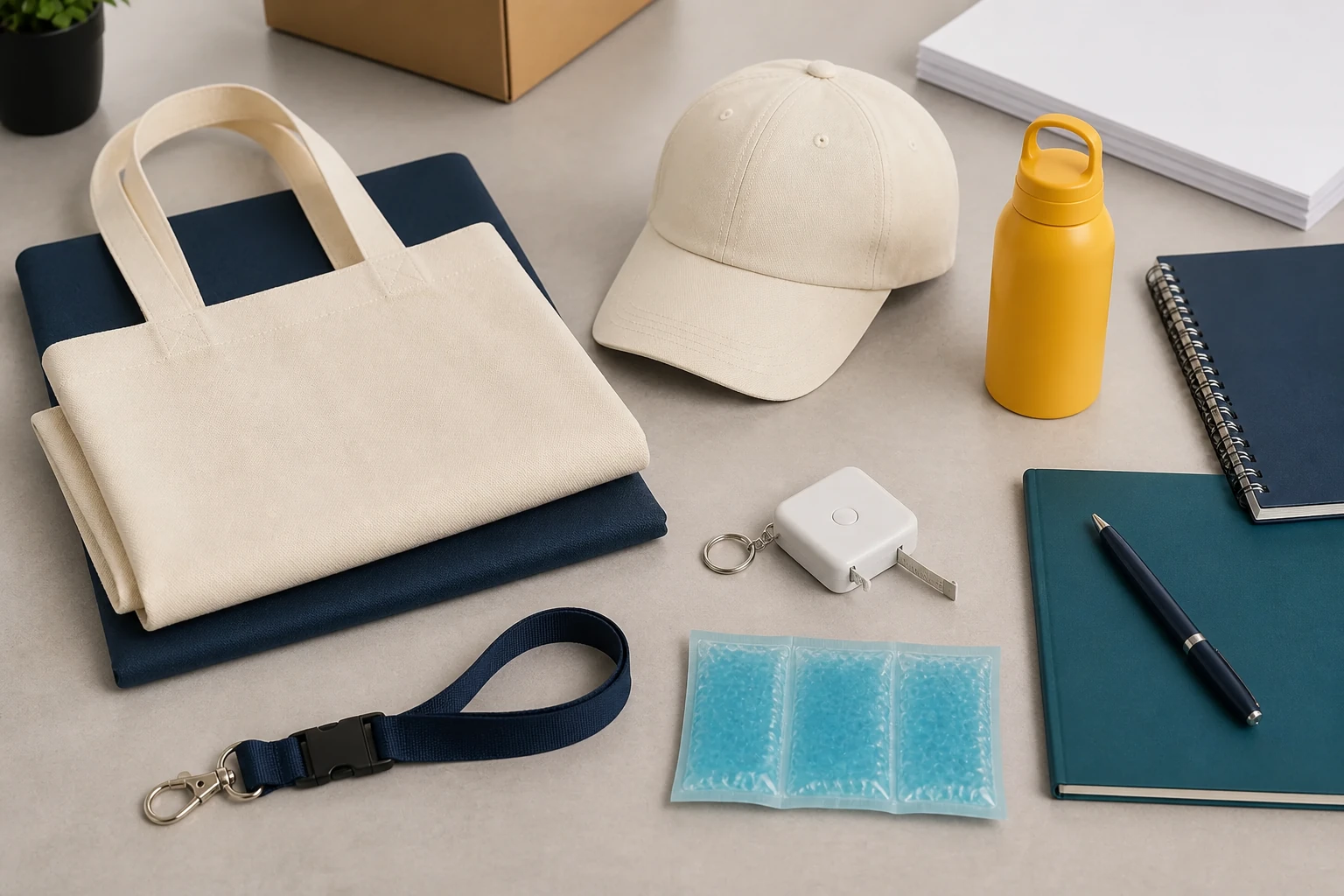 Complete blank tote, cap, bottle, tape measure, lanyard, notebook and gel pack for merchandise sourcing