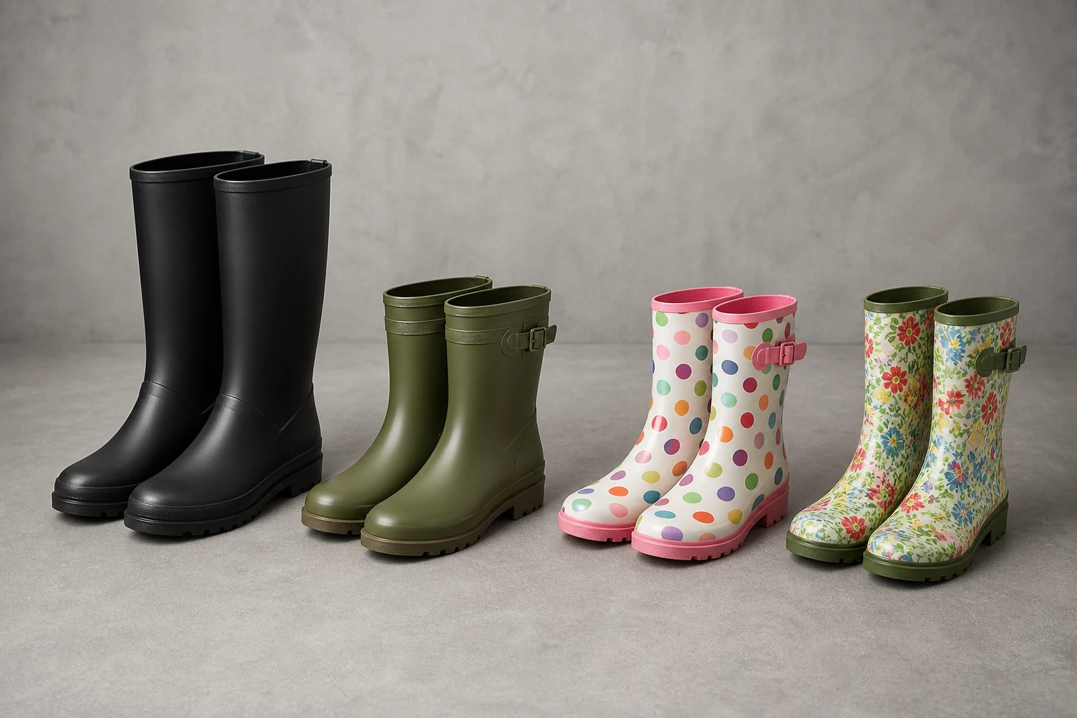 Complete black, olive and colorful waterproof rain boots arranged for a bulk footwear program