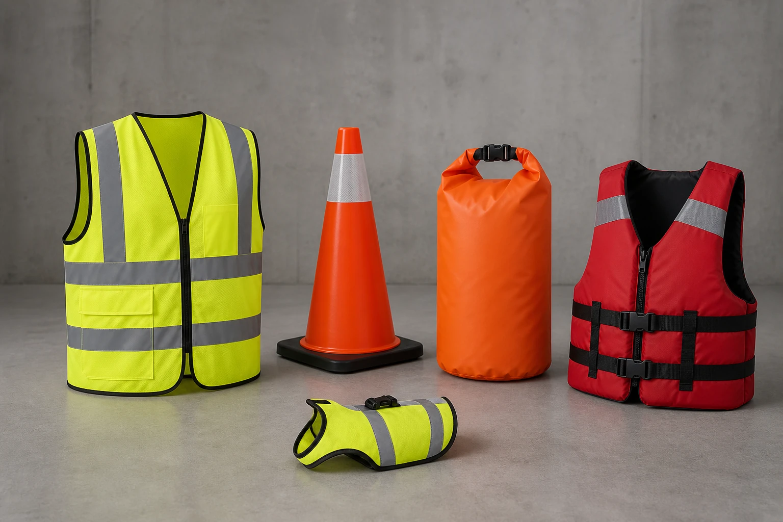 Complete reflective safety vest, traffic cone, dry bag, pet vest and flotation vest in an equipment review