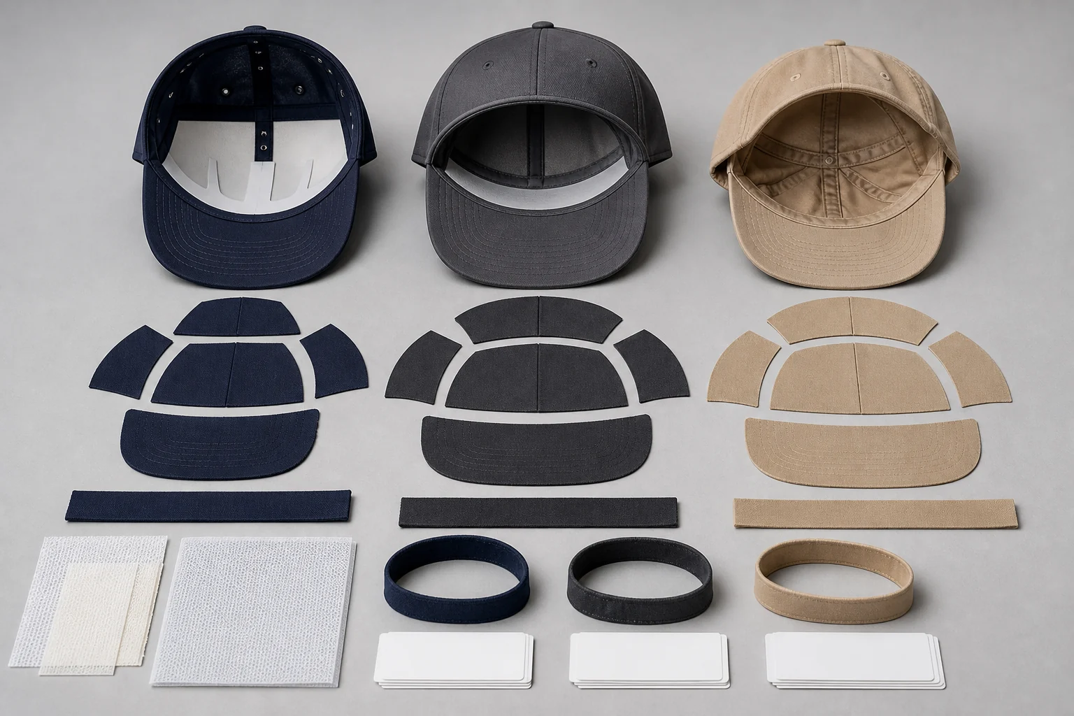 Complete crown shells, panel patterns, front supports and sweatband loops compare five-panel and six-panel architecture.