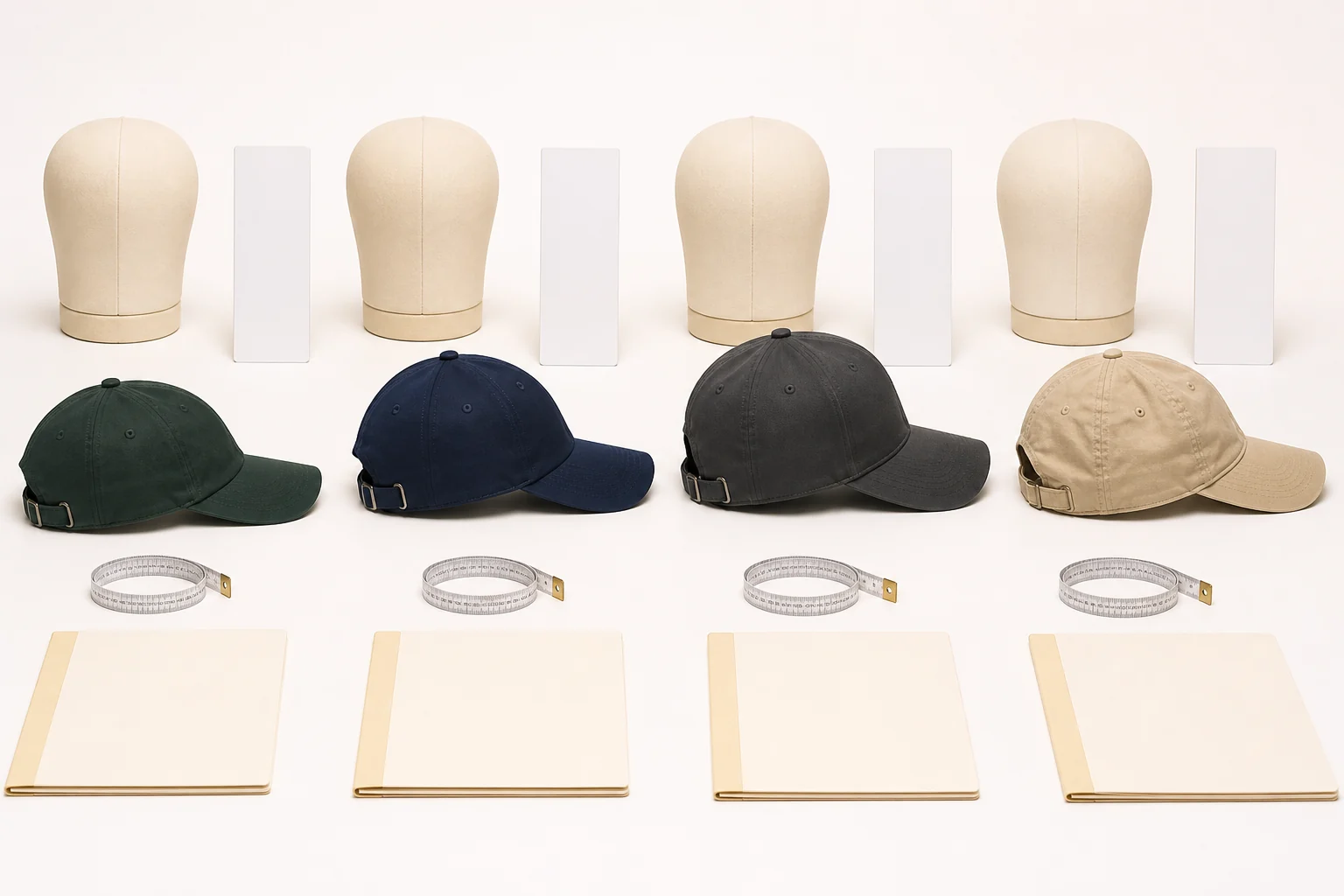 Four complete side-profile caps keep low, mid, high and soft crown silhouettes visible beside blank measurement references.