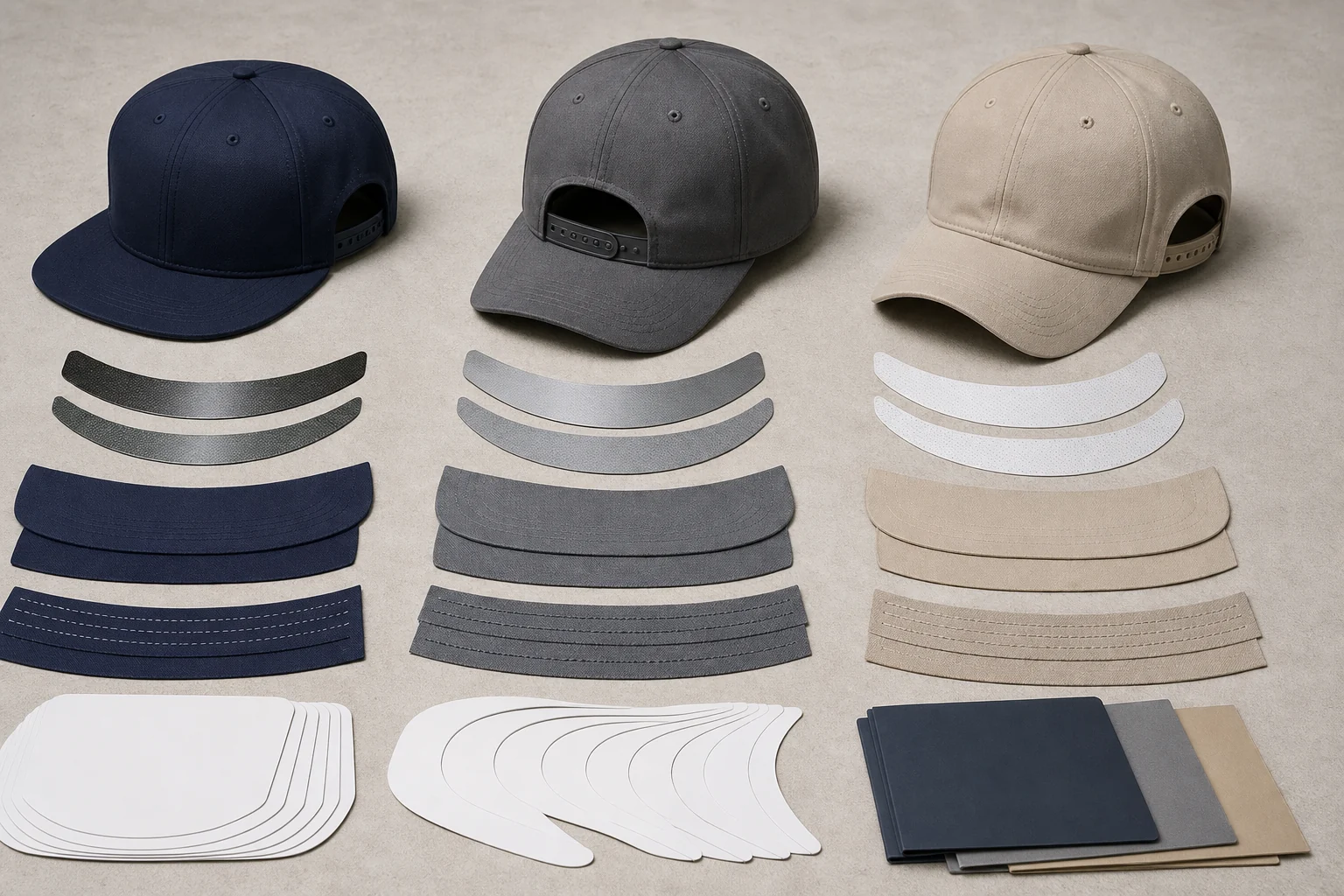 Three complete caps and full visor components connect outline, insert, stitch rows and delivered curve.