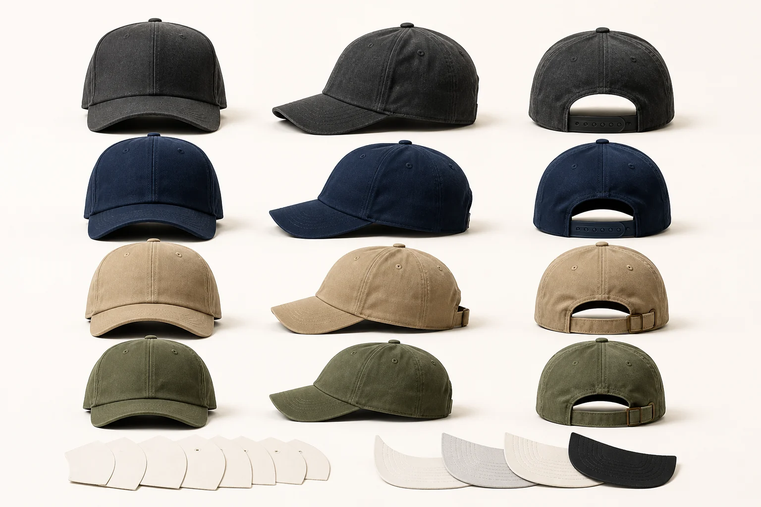 Complete low, mid and high profile baseball caps in front, side and rear views with full panel patterns and visor inserts