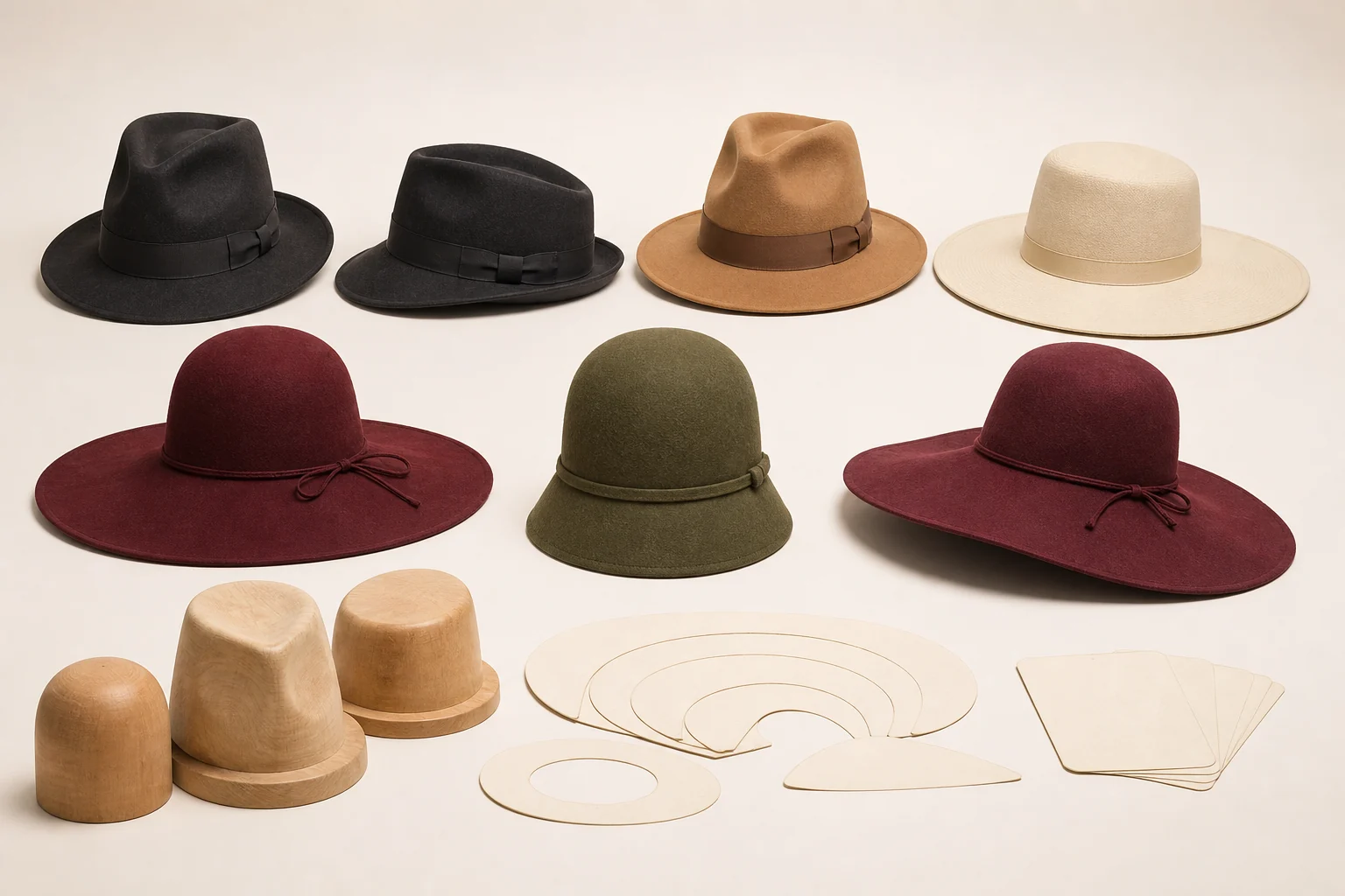 Complete fedora, wide-brim and cloche fashion hats with full crown blocks, brim templates and material swatches visible