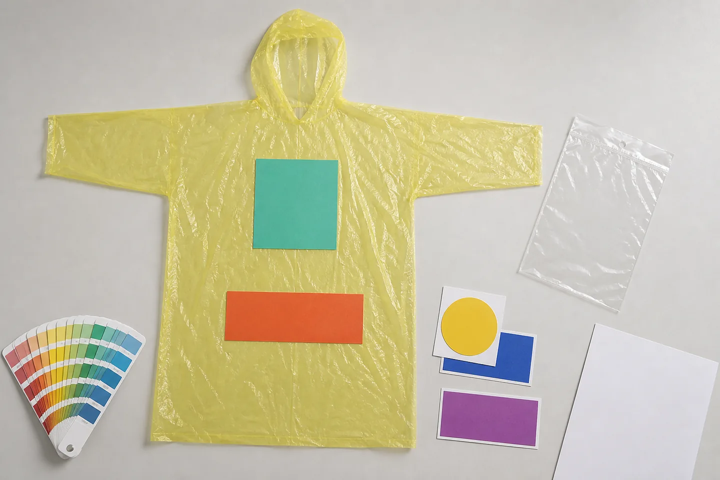 Plain yellow PE raincoat with abstract placement templates, blank proof sheet and color swatches