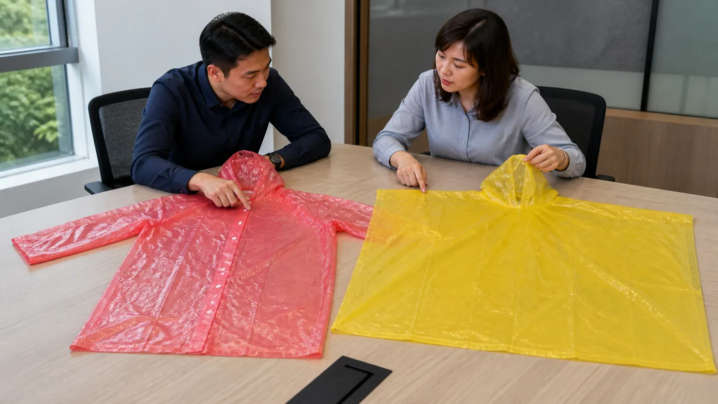 Two buyers comparing sleeved and cape PE disposable rainwear architectures