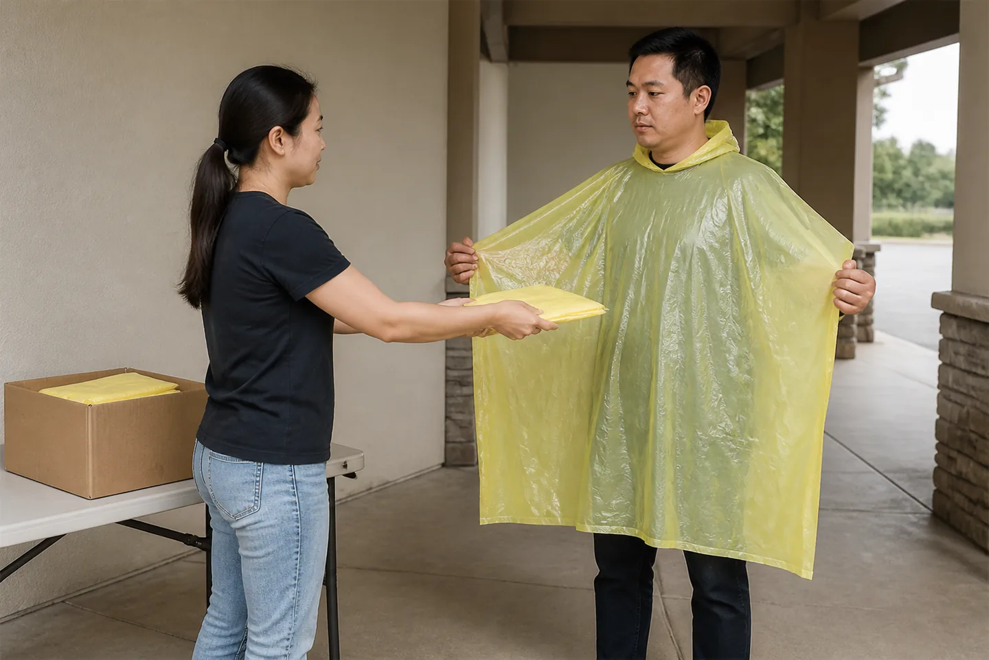 Event staff rehearsing the handout and opening of a plain yellow sleeveless PE cape poncho