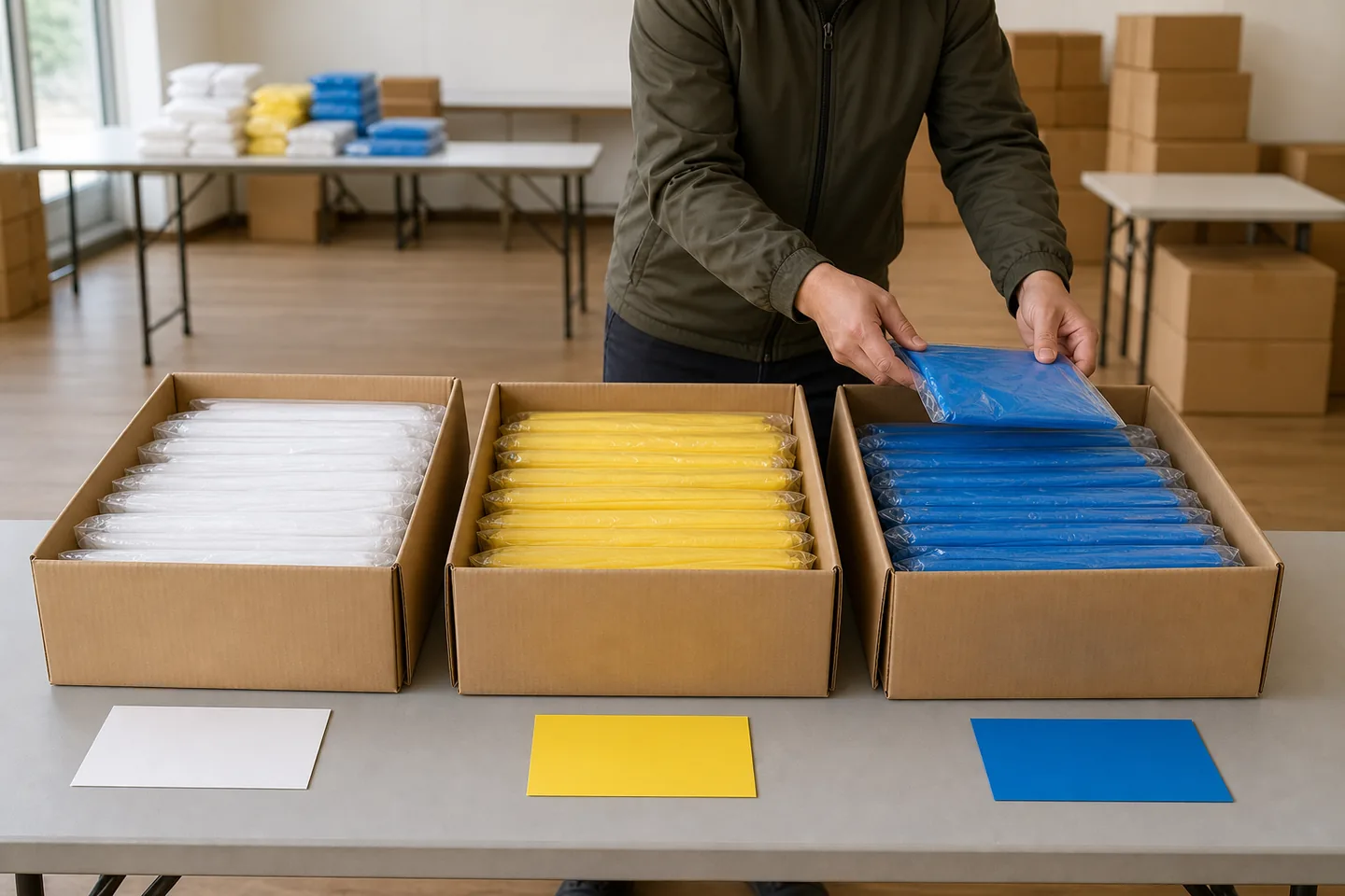 Three plain cartons of white yellow and blue PE poncho packs arranged for destination allocation