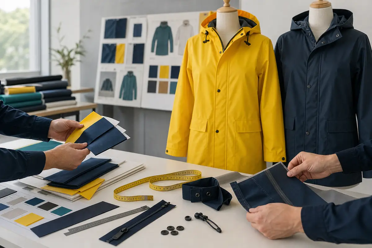 Anonymous procurement team comparing unbranded PU rain jackets, coated textiles, seams and trim samples