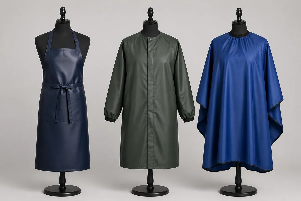 Unbranded waterproof bib apron, sleeve smock and work cape displayed for B2B sample review