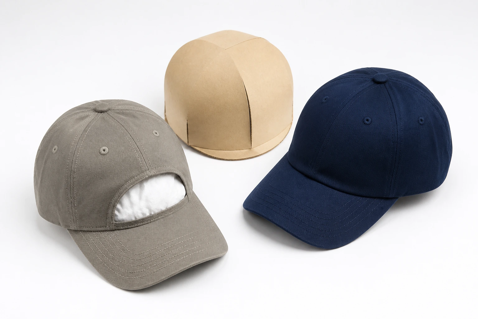 Baseball caps held by neutral crown-support components