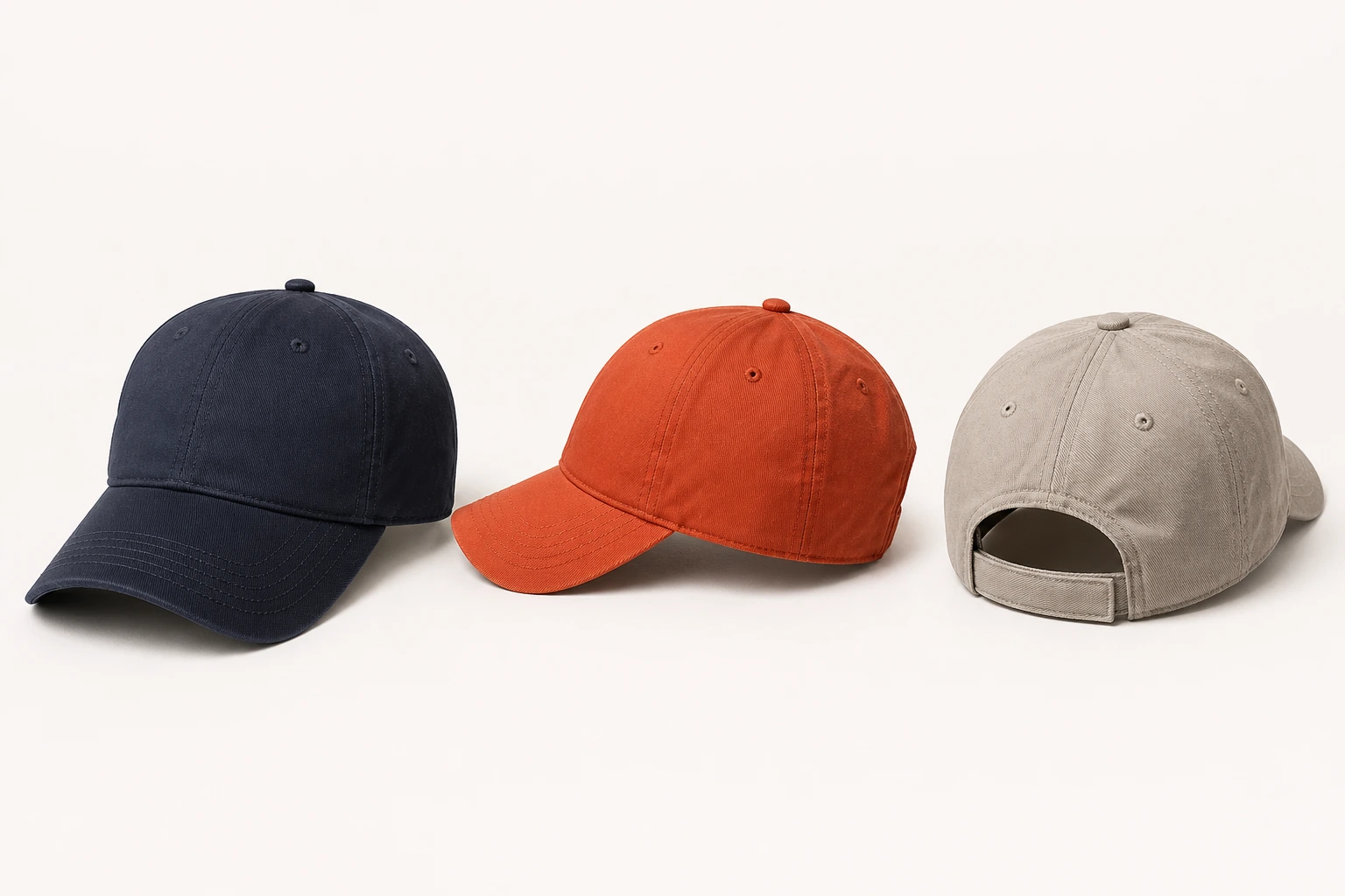 Three complete unbranded baseball caps shown from front, side and rear, all uncropped