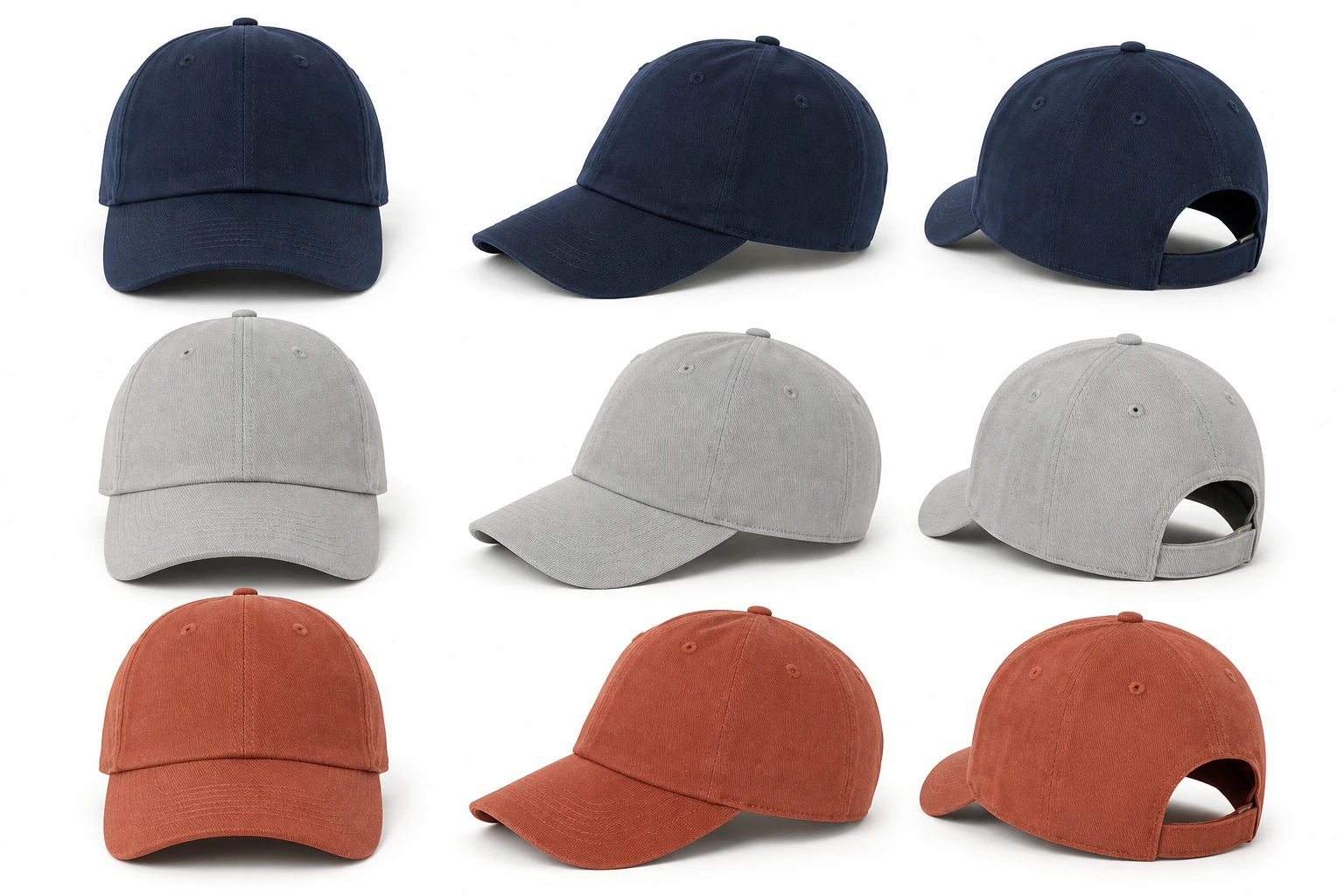 Plain baseball caps presenting distinct material surfaces