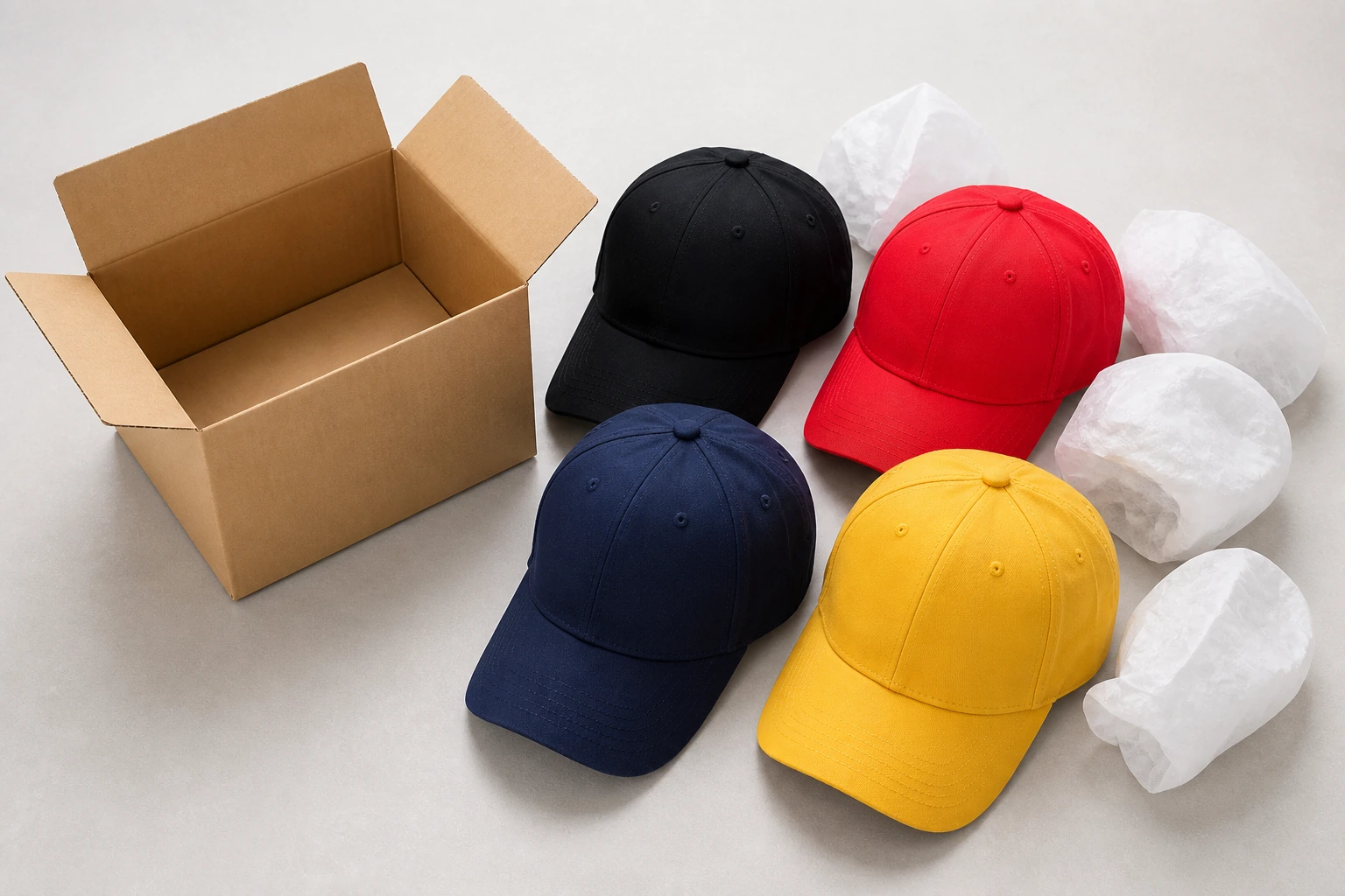 Complete baseball caps beside an open unmarked packing carton