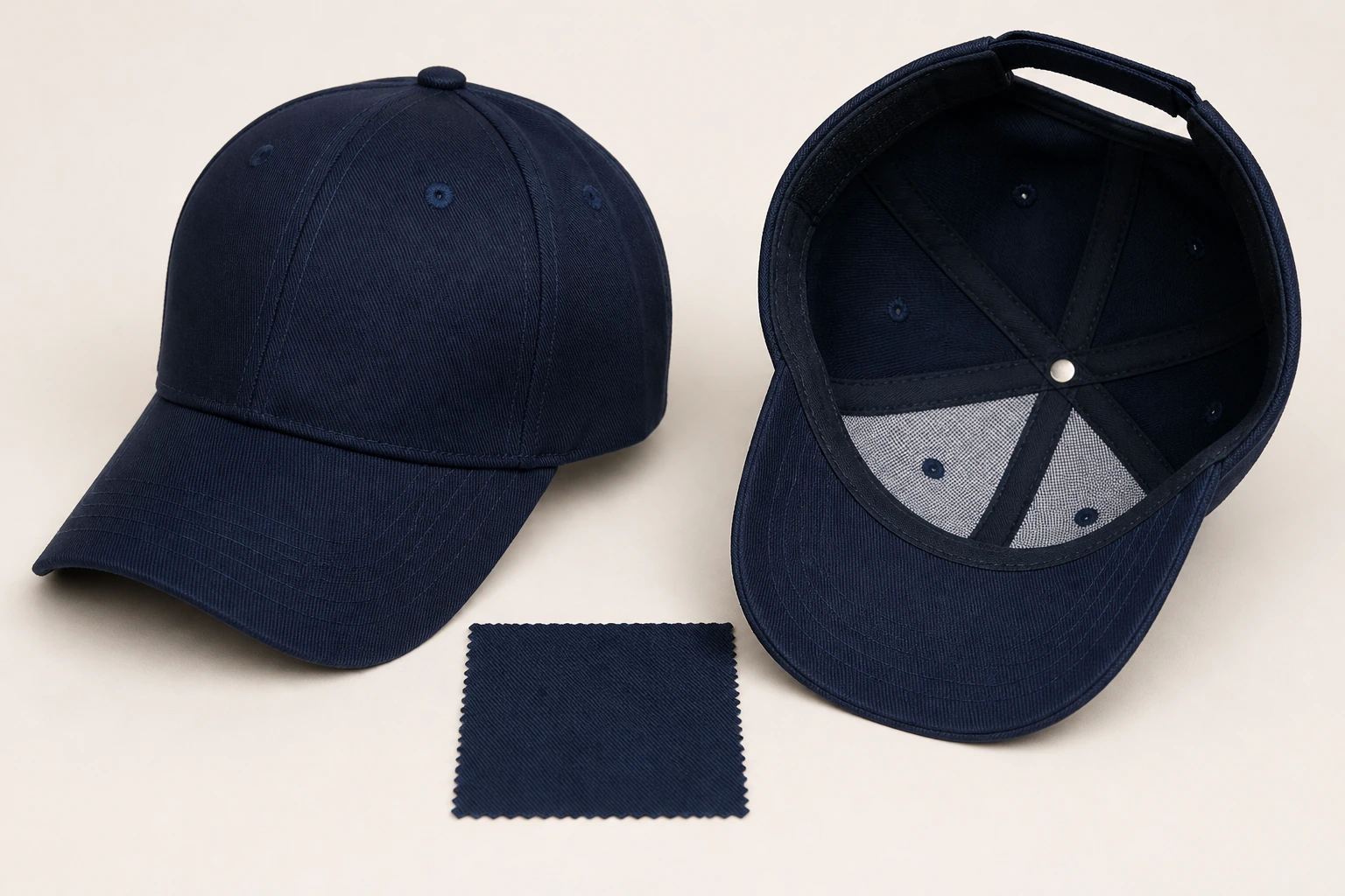 Baseball-cap construction views for seam and stitch inspection
