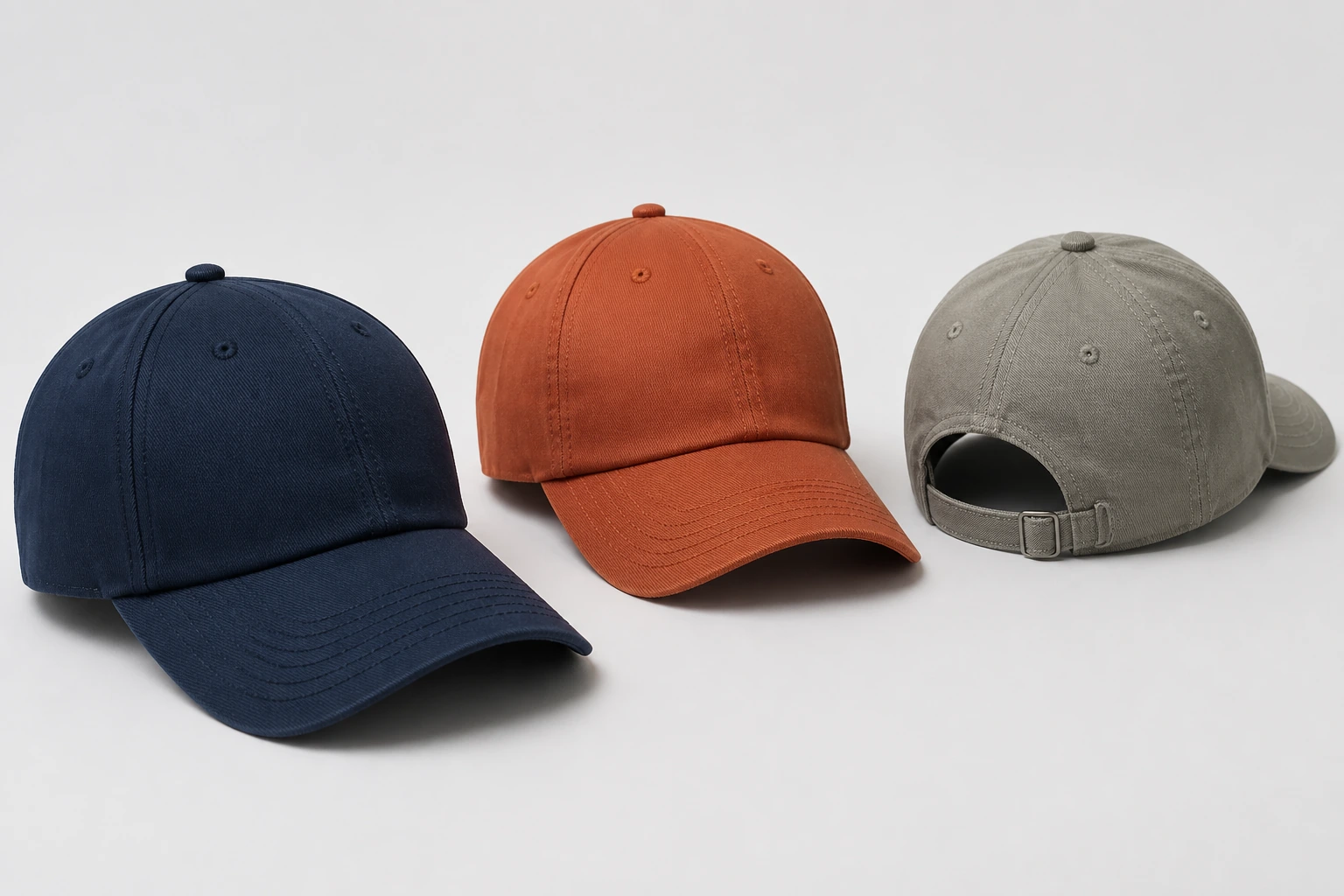 Complete blank baseball caps showing alternative crown structures