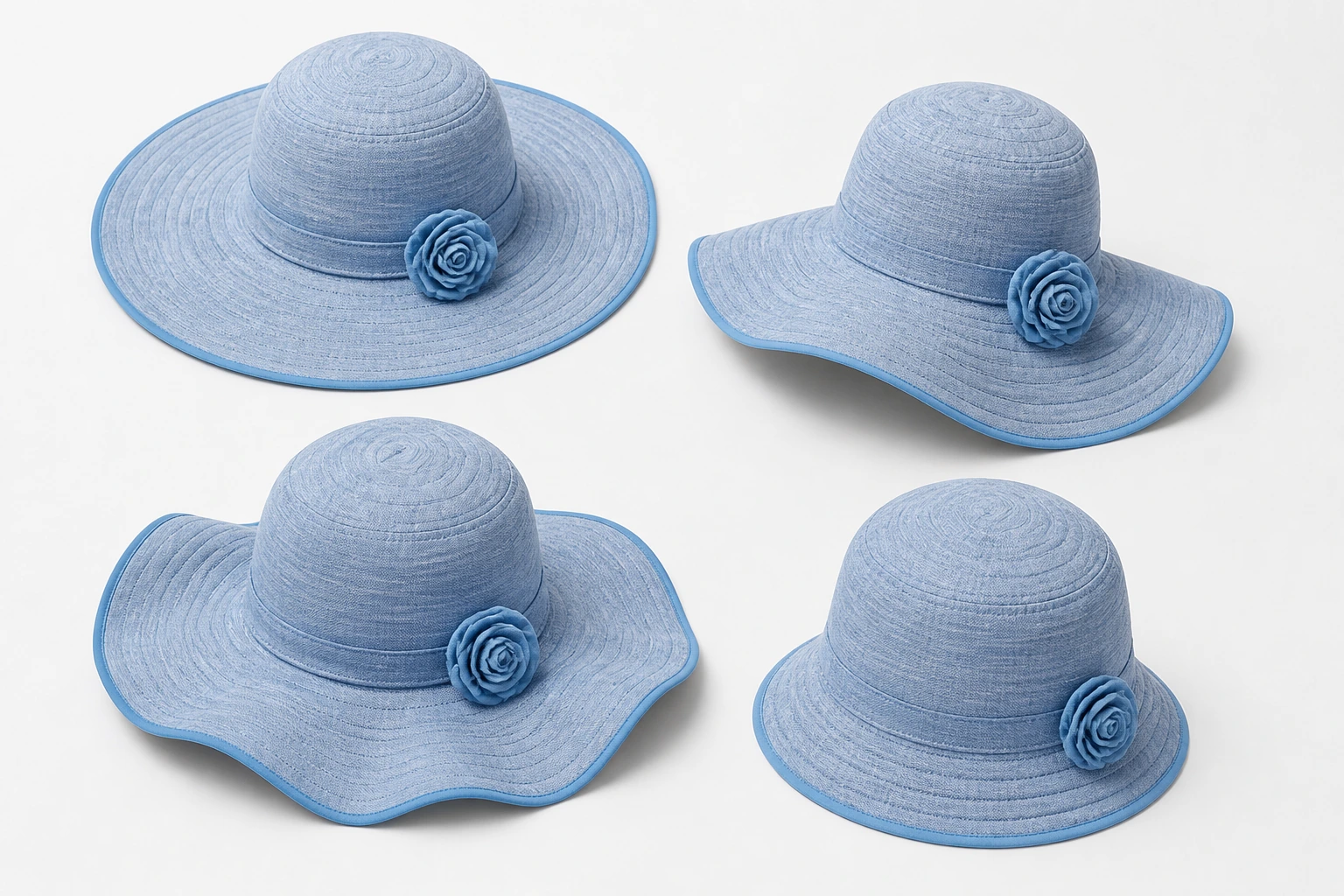 Complete fashion hats presenting different brim structures