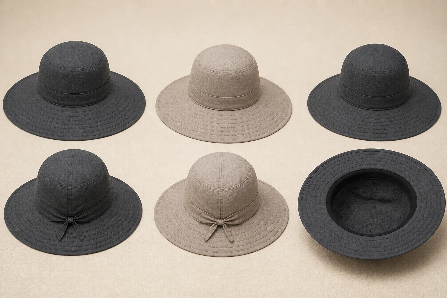 Fashion-hat construction views for seam and edge review