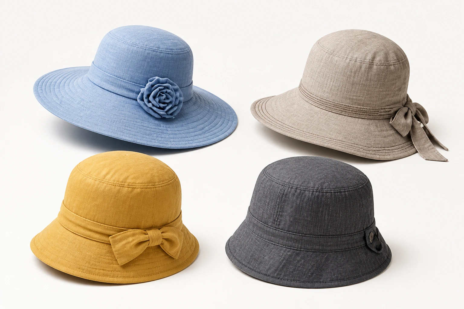 Four complete unbranded fashion hats in distinct crown and brim forms, all uncropped