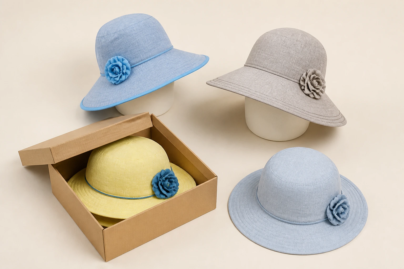 Complete fashion hats beside neutral supports and an open carton