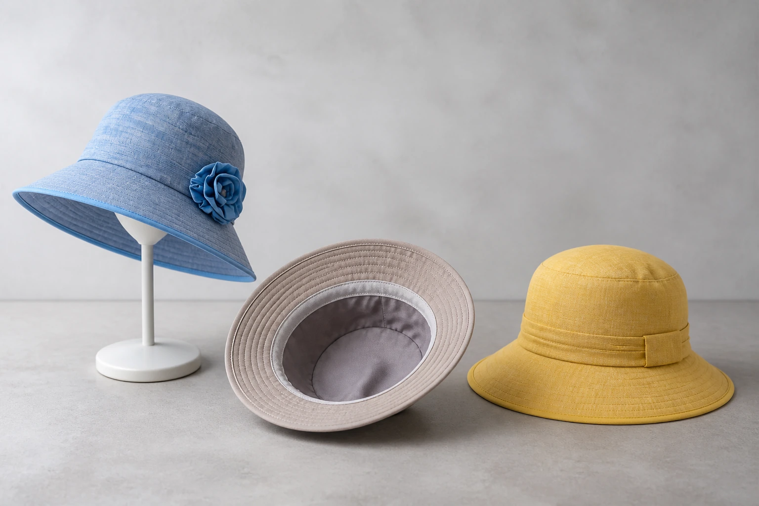 Fashion hats arranged as distinct seasonal approval stages