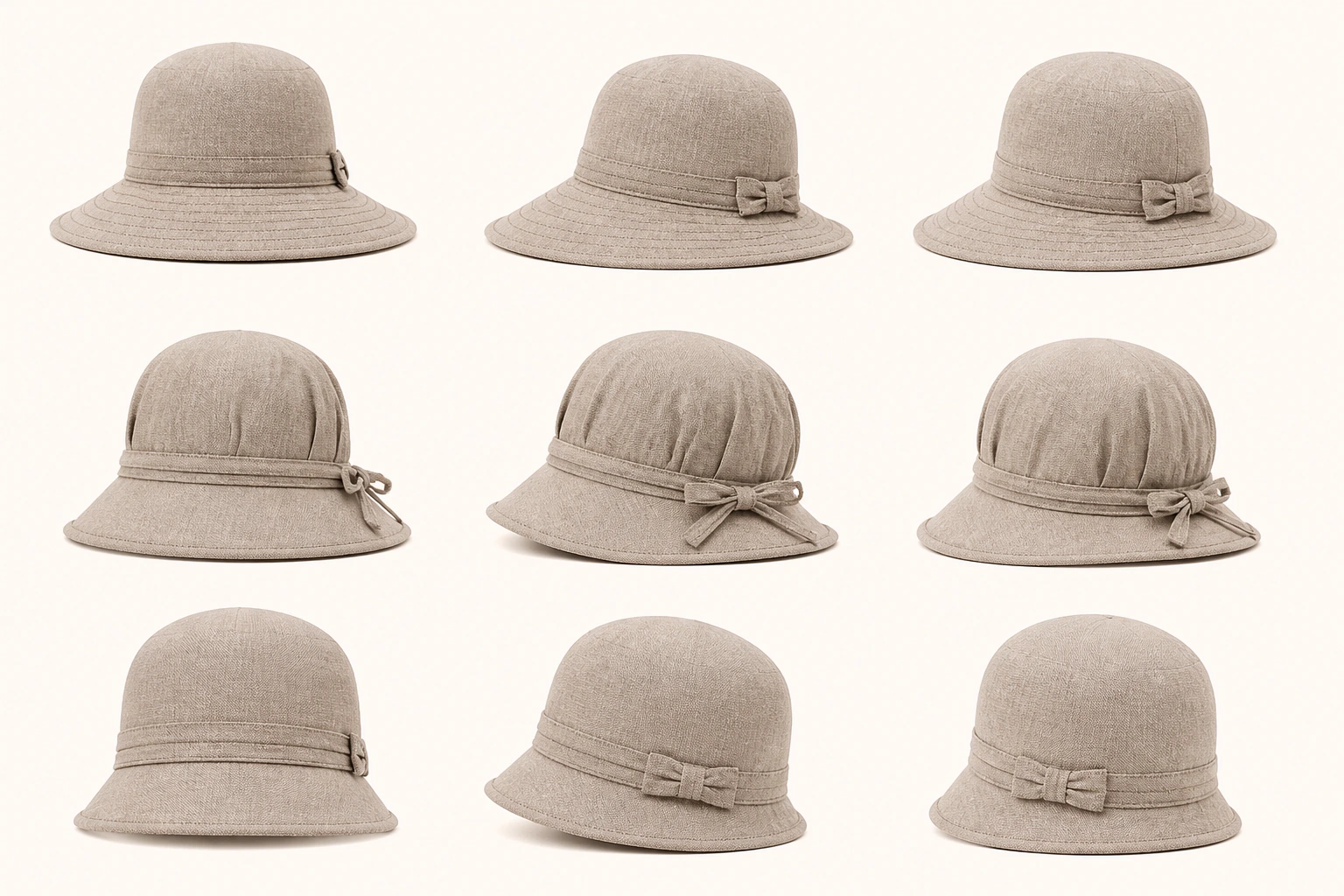 Complete plain fashion hats showing distinct crown and brim forms