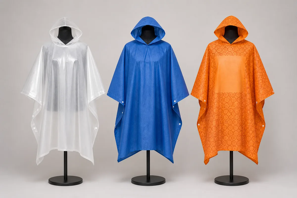Three unbranded nonwoven poncho concepts displayed for wholesale program review