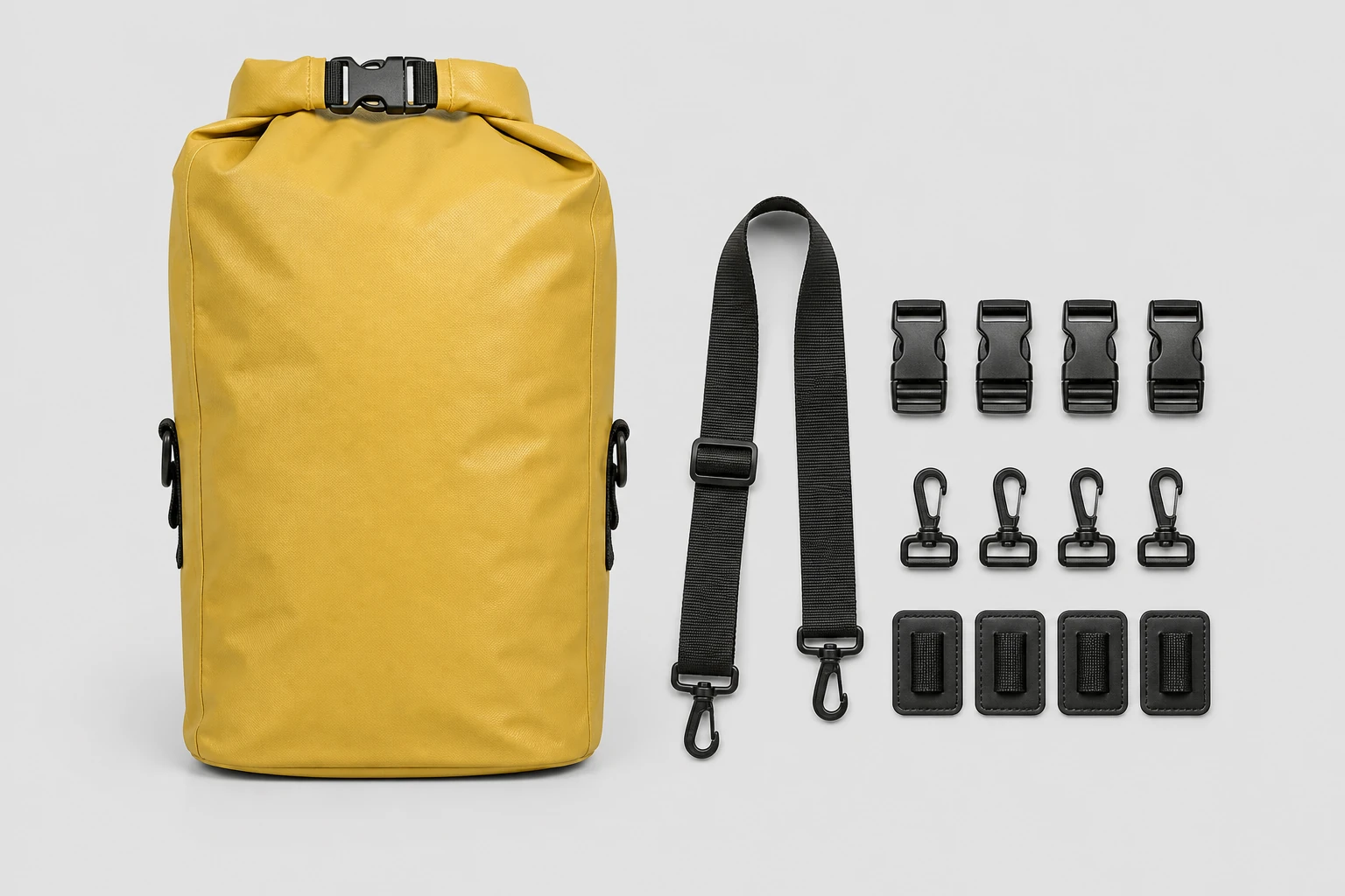 Complete yellow roll-top bag beside a detached shoulder strap, buckle pairs, swivel hooks and rectangular attachment patches