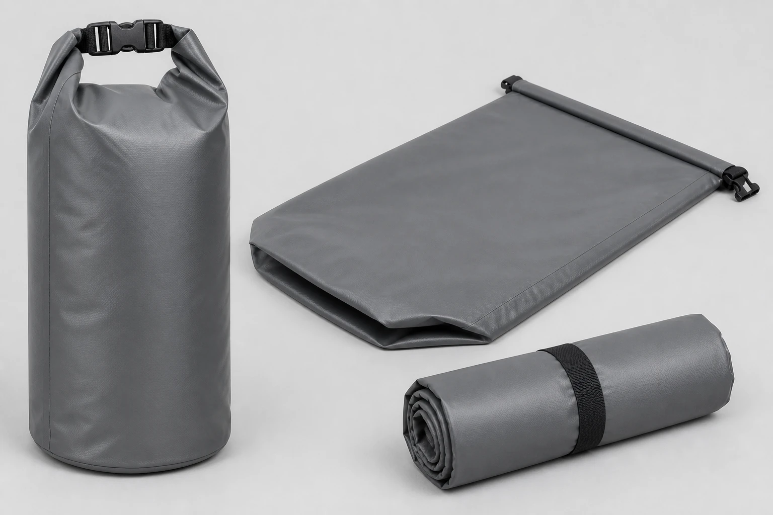 Gray roll-top bag shown as one upright finished bag, one laid-flat bag and one compact rolled pack on a plain surface