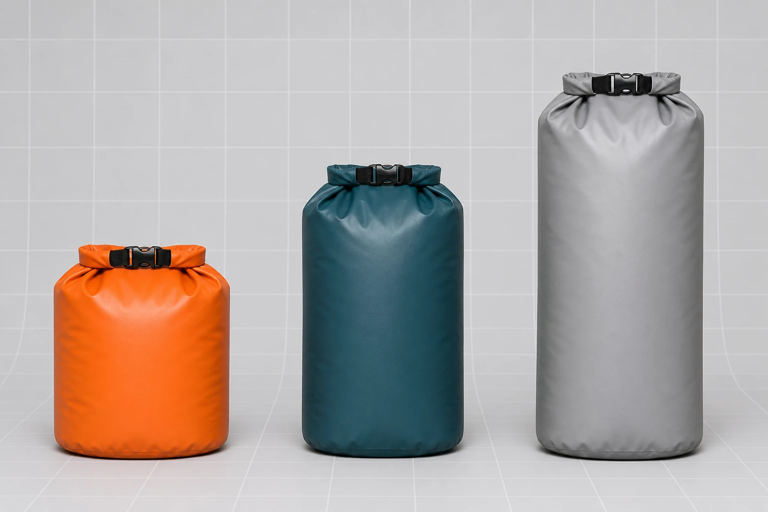 Three complete orange, teal and gray roll-top bags standing against a plain measurement grid at visibly different heights and widths