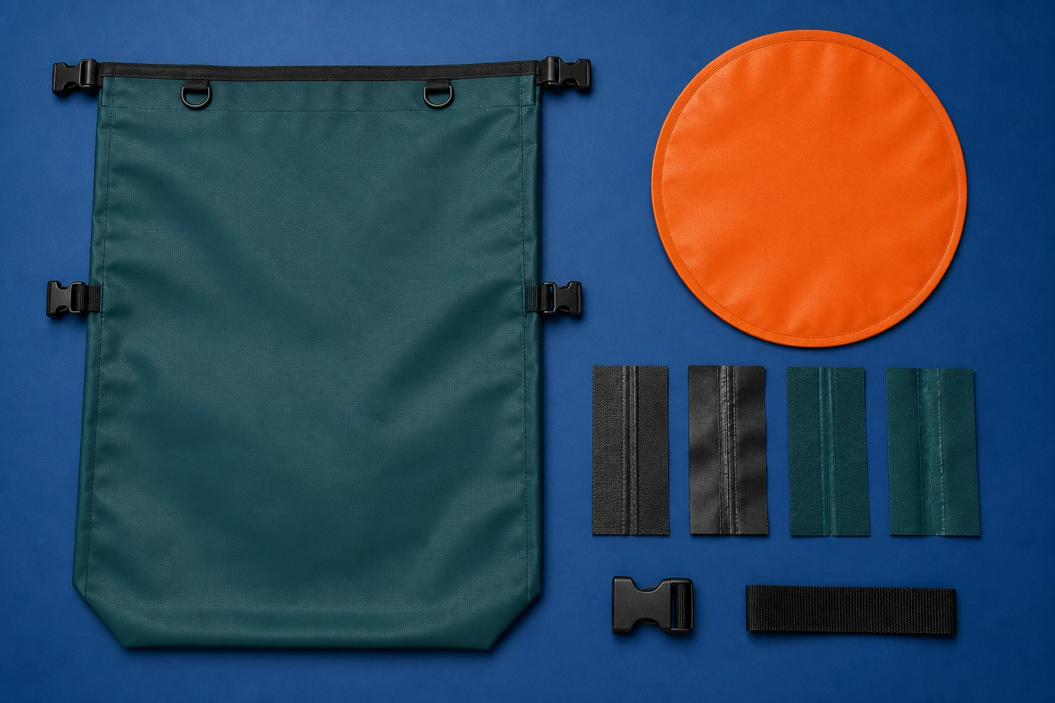 Flat teal dry-bag body panel, round base panel, seam strips, buckle and webbing components arranged on a blue inspection surface