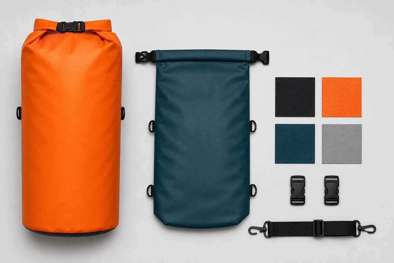 Complete upright orange bag and flat dark teal bag beside a detached shoulder strap, buckle parts and four plain shell-color swatches
