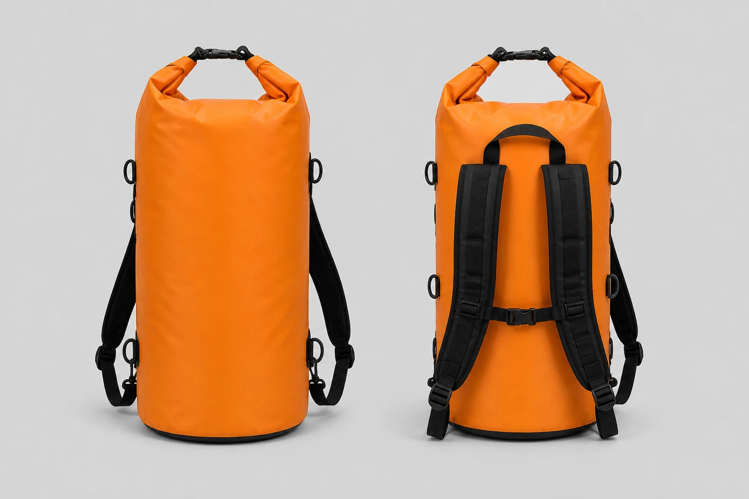 Two complete orange roll-top bags showing a single-shoulder carry route and a paired backpack-strap route from front and back