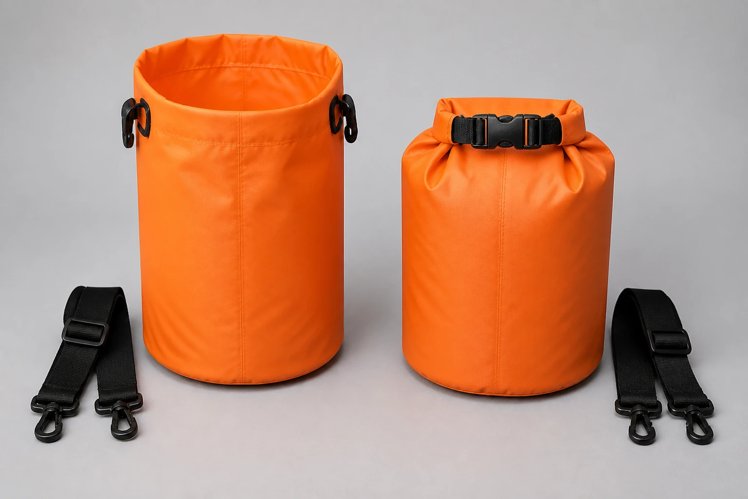 Complete orange roll-top bag shown once with its mouth fully open and once rolled closed, with two detached carry straps