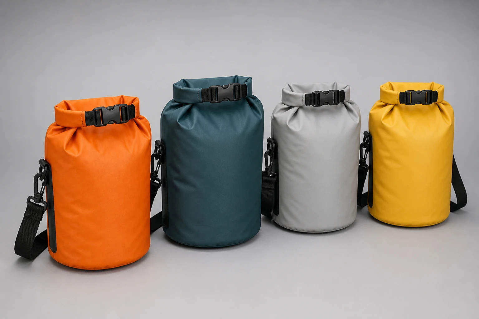 Four complete cylindrical roll-top bags in orange, dark teal, light gray and yellow arranged under the same neutral light