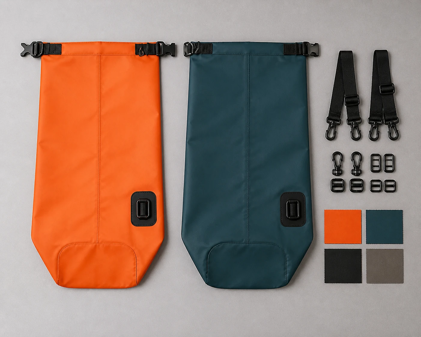 Complete flat orange and dark teal dry-bag bodies beside shoulder straps, swivel hooks, buckle parts and four plain color chips