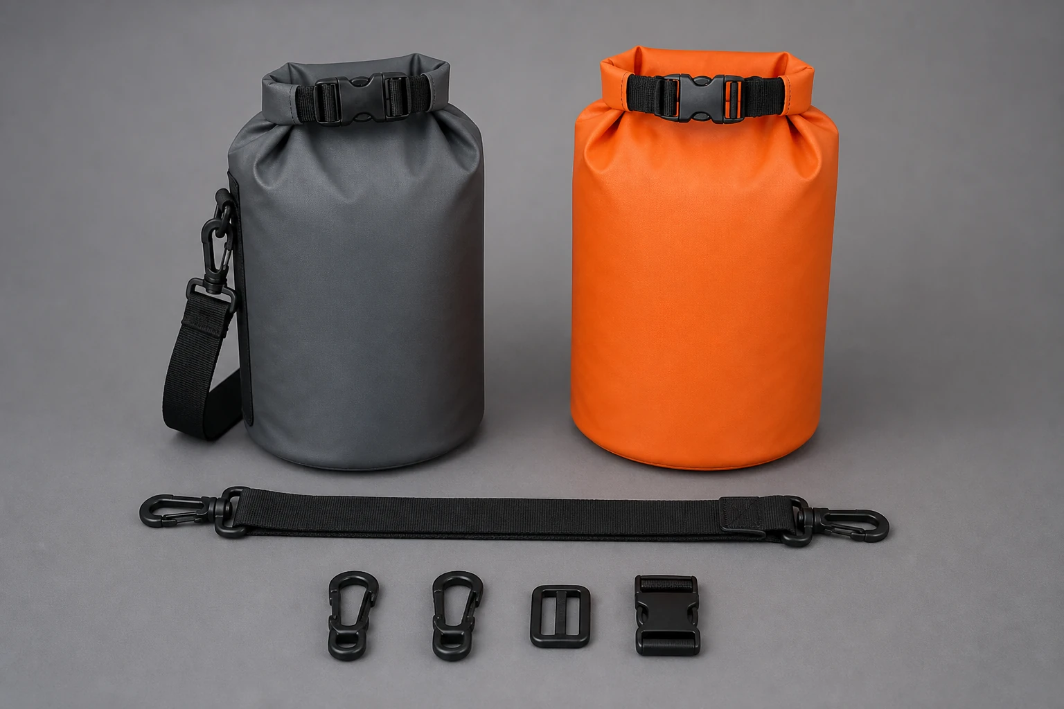Complete gray and orange roll-top bags above a detached shoulder strap, two swivel hooks, one adjuster and one buckle set