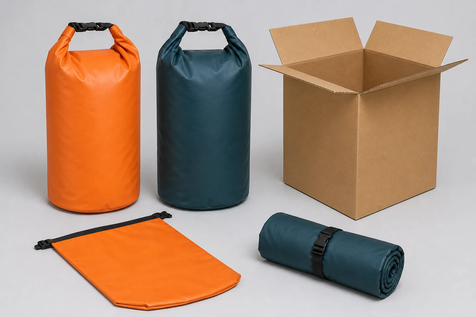Complete orange and dark teal bags standing beside a flat orange bag, a rolled dark teal pack and an open plain carton