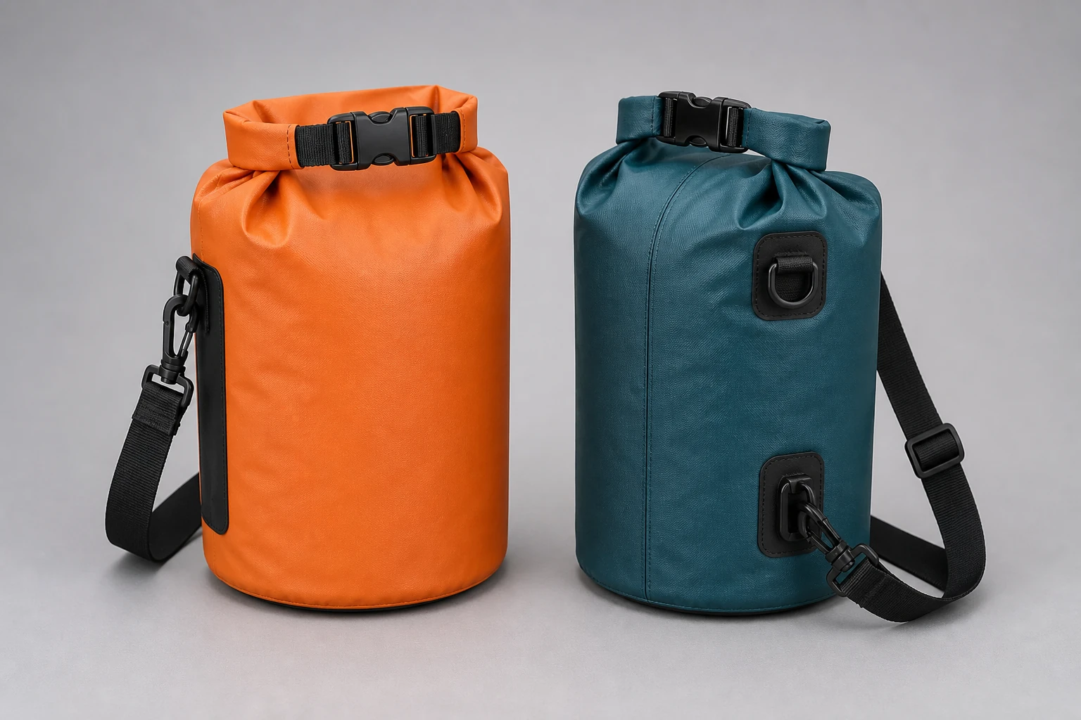 Complete orange cylindrical bag and dark teal rectangular bag showing different body shapes, shoulder straps and reinforced attachment patches