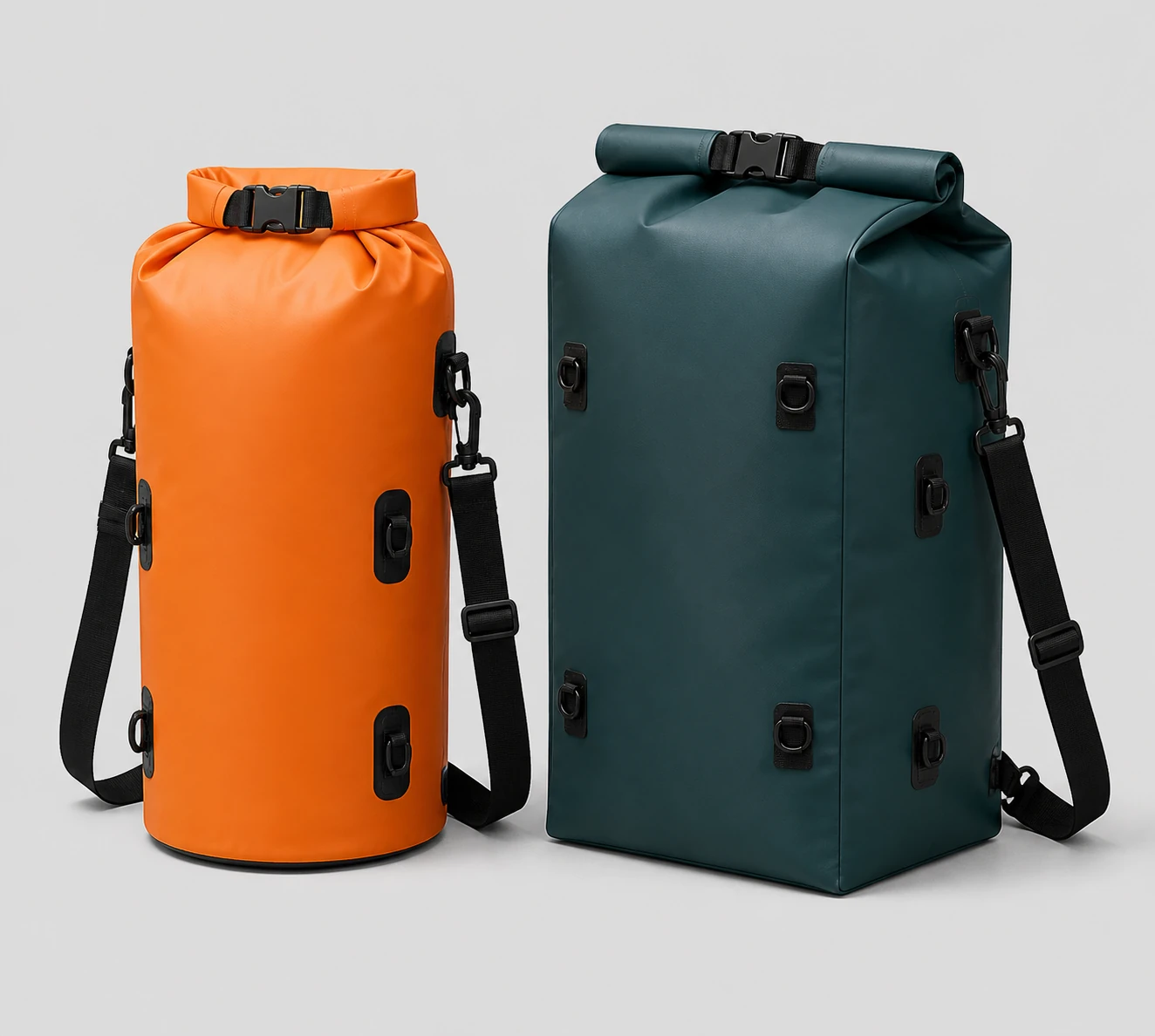 Complete orange cylindrical bag and dark teal rectangular bag with shoulder straps and different base and side-panel geometry