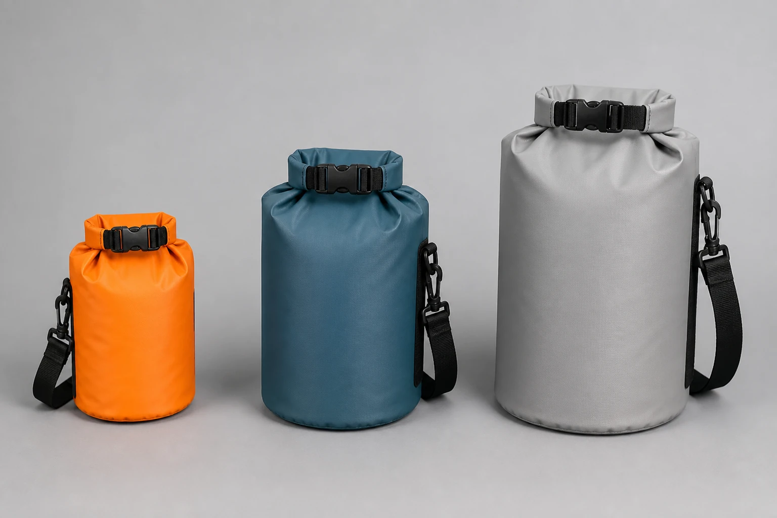 Three complete orange, dark teal and gray cylindrical roll-top bags shown at clearly different heights and diameters