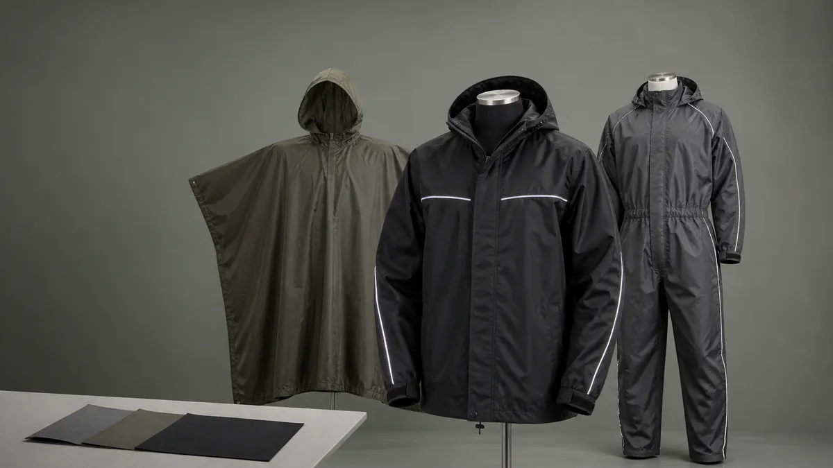 Unbranded custom nylon jacket poncho and rain suit arranged for B2B sample review
