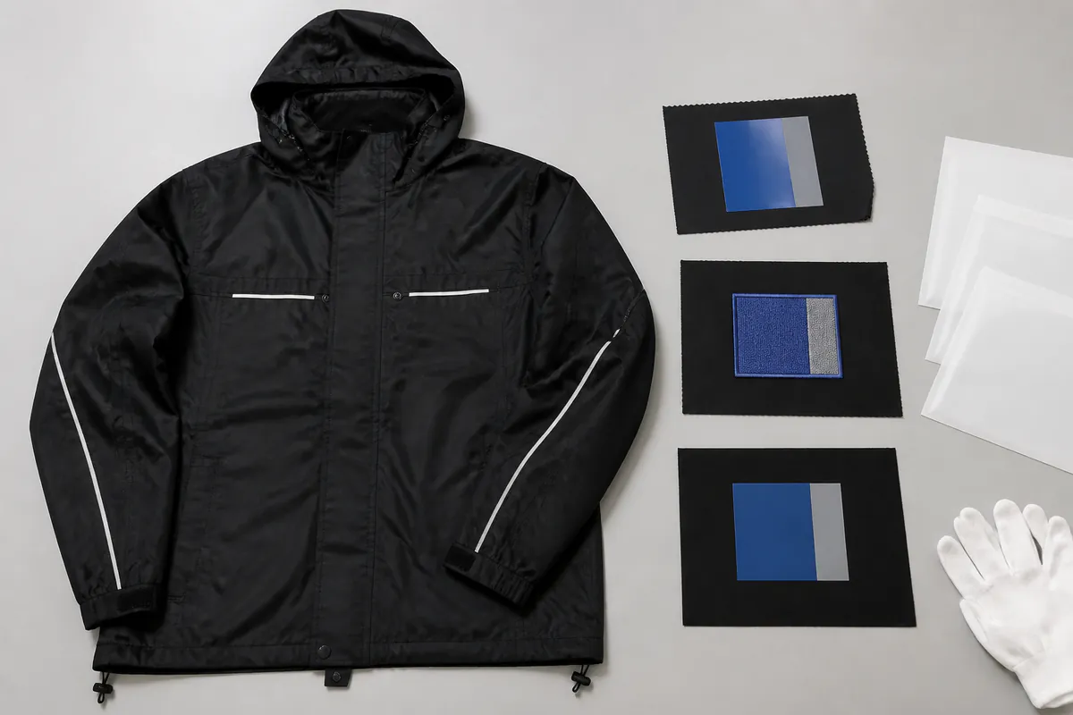 Unbranded black nylon rain jacket beside separate abstract print embroidery and transfer trial panels
