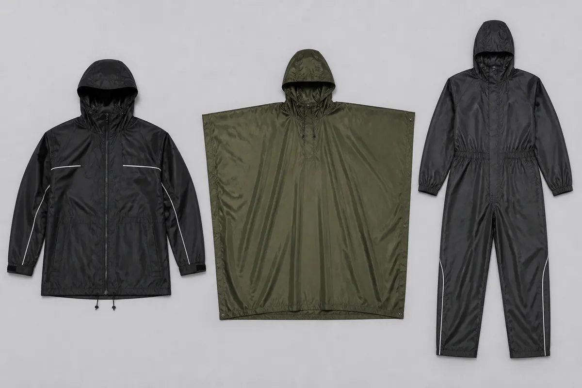 Unbranded nylon rain jacket, hooded poncho and one-piece suit arranged for architecture comparison