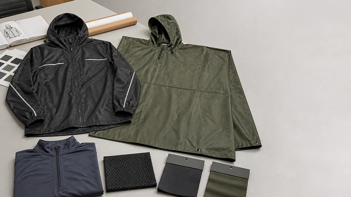 Unbranded nylon jacket poncho lining and shell swatches arranged for a B2B buying decision