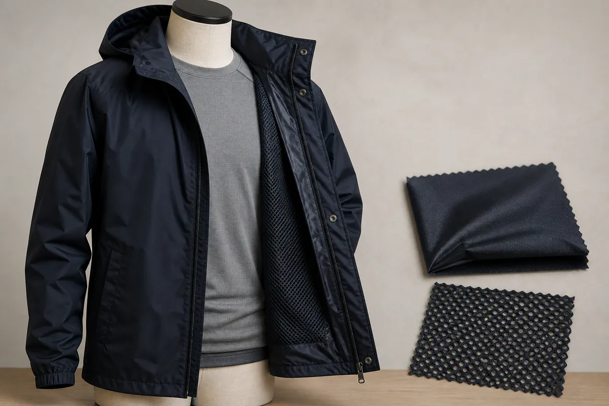 Unbranded navy nylon shell opened over a plain midlayer with separate shell and mesh swatches