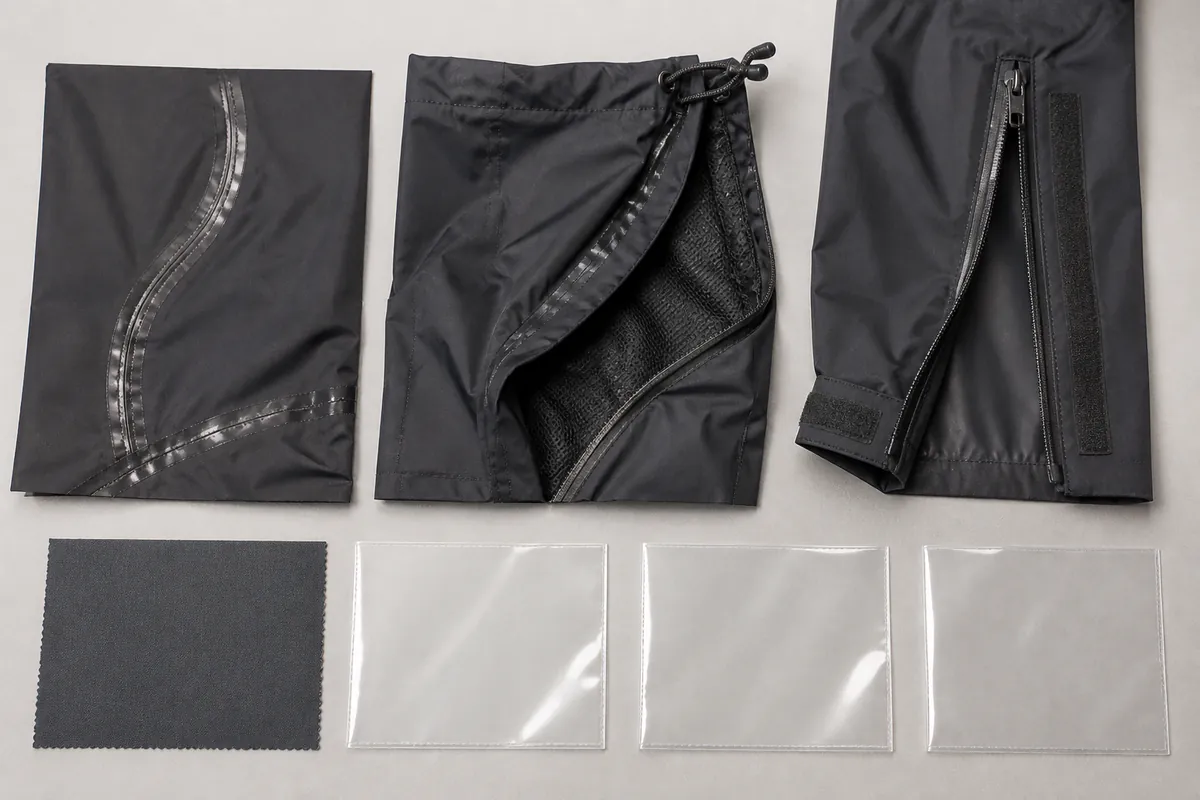 Unbranded nylon seam hood and zip opening specimens arranged for sample approval